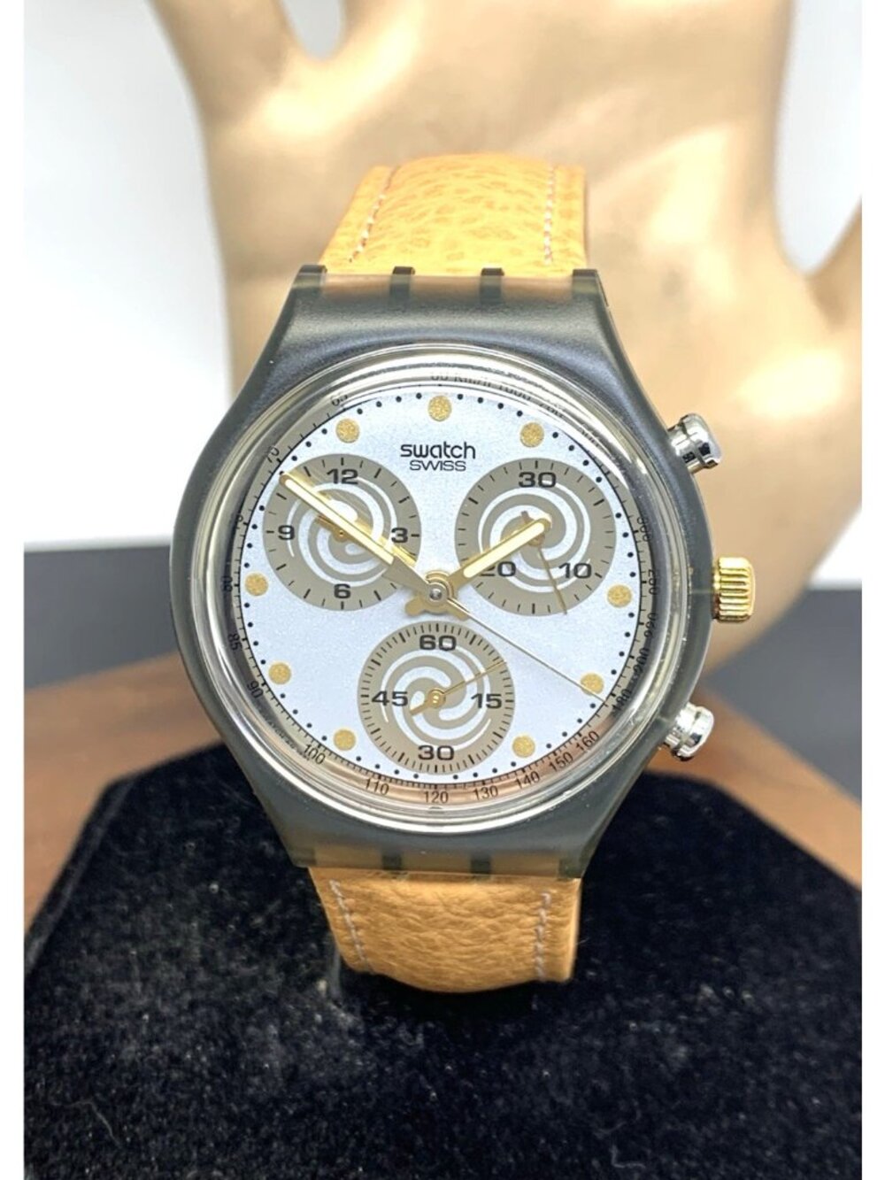 Swatch Mens Watch SCM101 Swiss Quartz Chronograph Vintage 1991 Leather Band 37mm